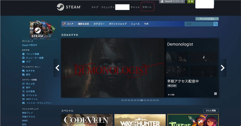 Steamサポートを開く